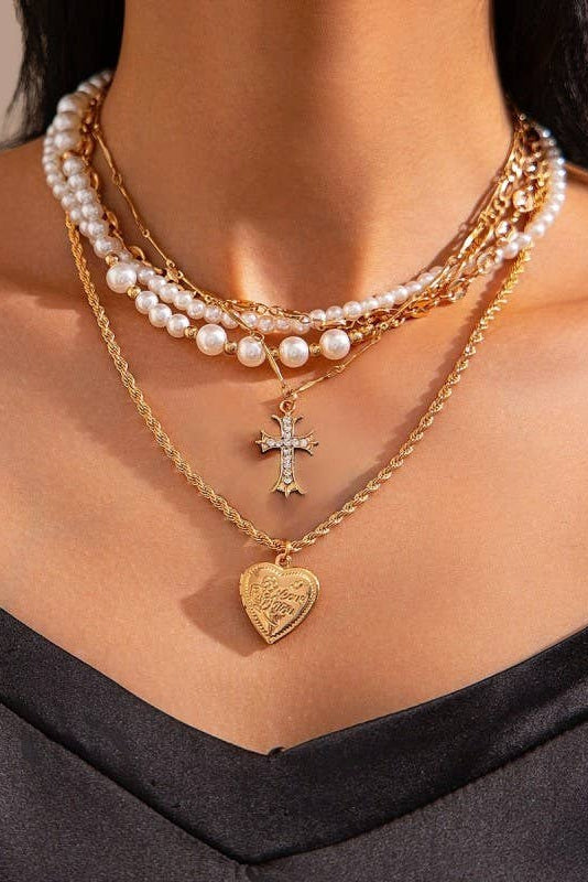 Cross Heart Charm Multilayer Pearl Necklace - Gold