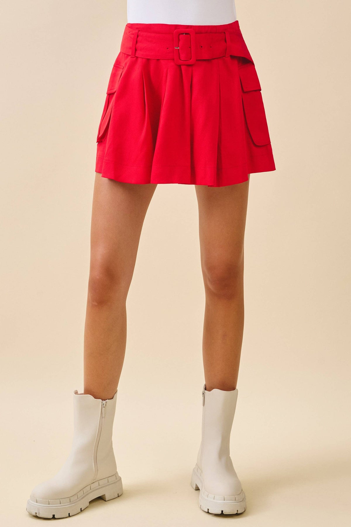 SALE-Wide Belt Pleated Detail Cargo Pockets Skirt-Red