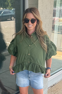Coming Along Ruffle Hem Top-Army