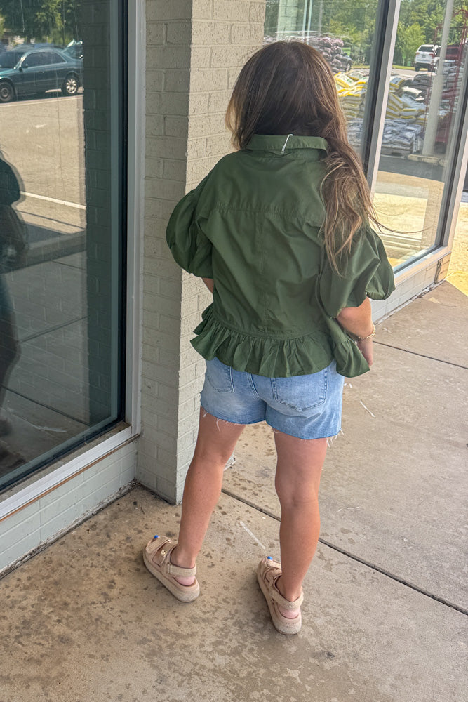Coming Along Ruffle Hem Top-Army