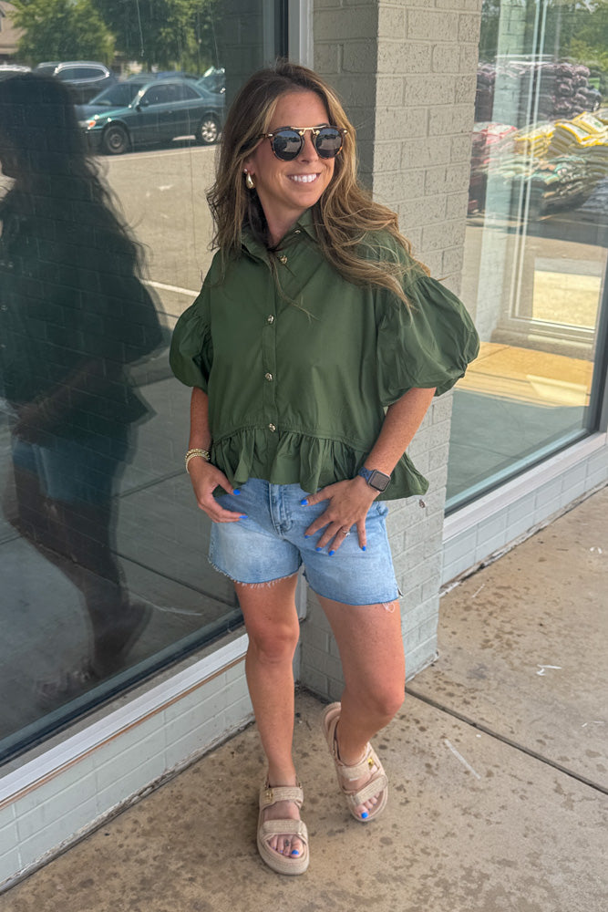 Coming Along Ruffle Hem Top-Army