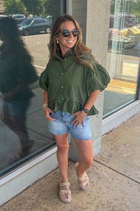 Coming Along Ruffle Hem Top-Army