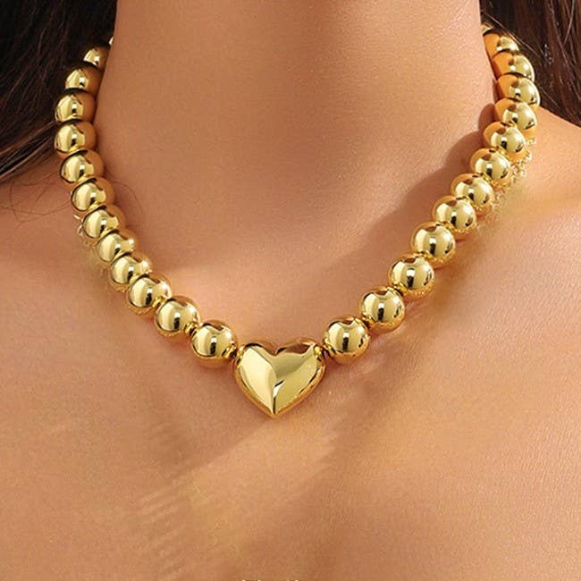 Puffy Heart Ball Chain Necklace - Gold