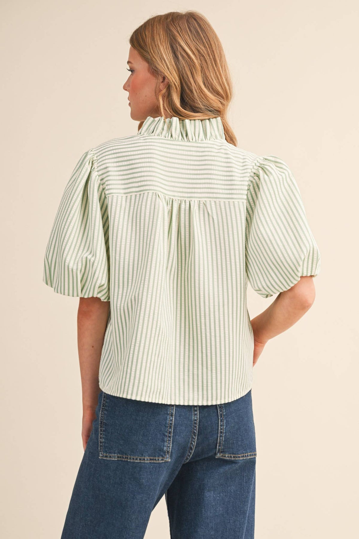 Striped Ruffled Button Down Top-Seafoam