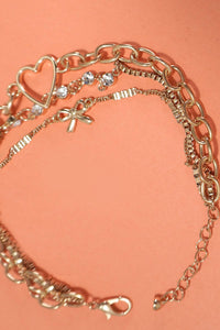 Multi Layer Bow Heart Station Rhinestone Bracelet - Gold