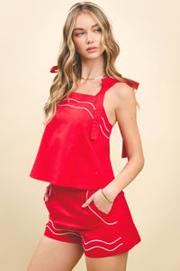 SALE-Piping Detail Matching Shorts Set-Red
