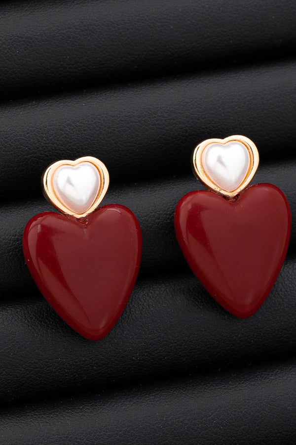 Double Heart Pearl Red Heart Drop Earrings - Gold