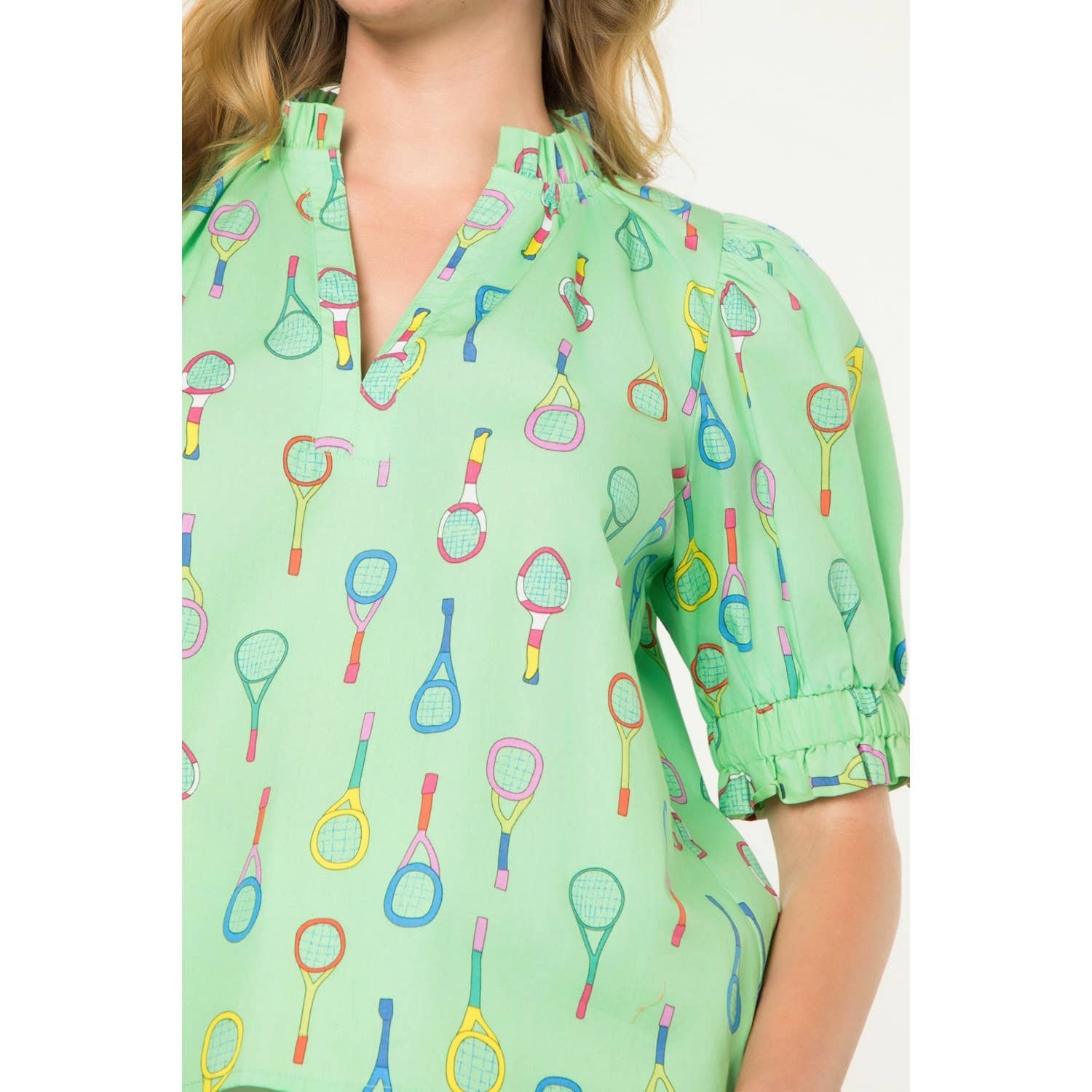 THML Tennis Racket Print V-Neck Top - Lime Green | Simply Dixie