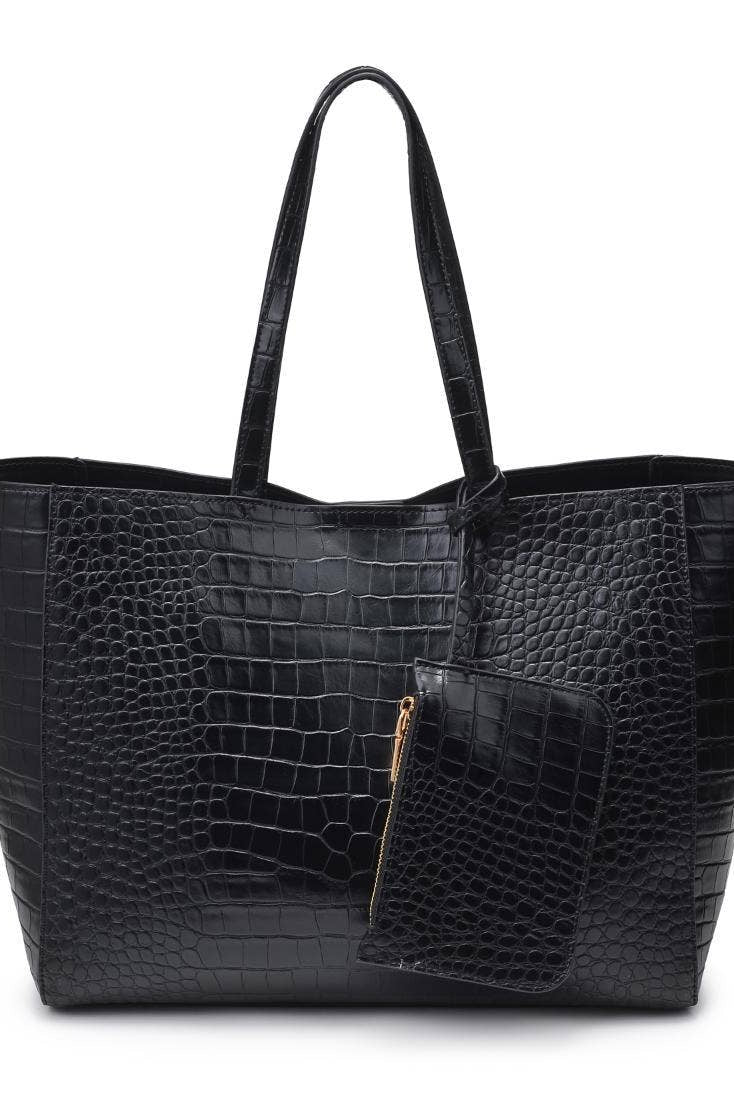 Black crocodile-patterned handbag with a matching pouch on a white background
