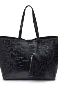 Black crocodile-patterned handbag with a matching pouch on a white background
