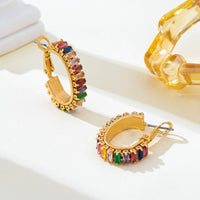 Multicolor Baguette Crystal Hoop Earrings-Gold