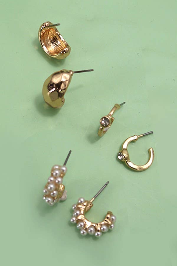 Trio Pearl Diamond Cut Huggie Hoop Earrings - Gold