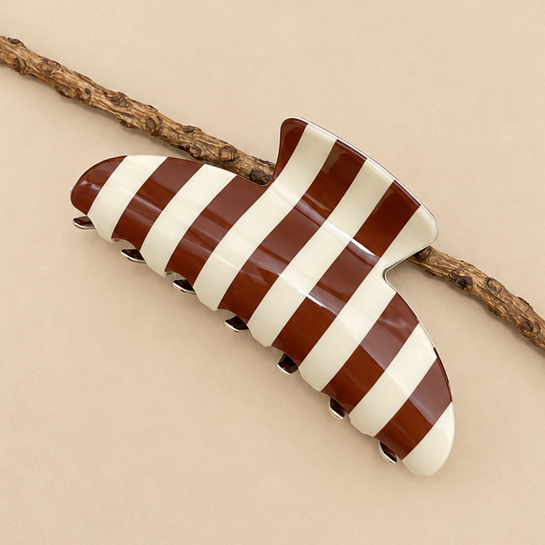Retro Polka Dot Hair Claw - Glossy Spotted French-Brown Stripe