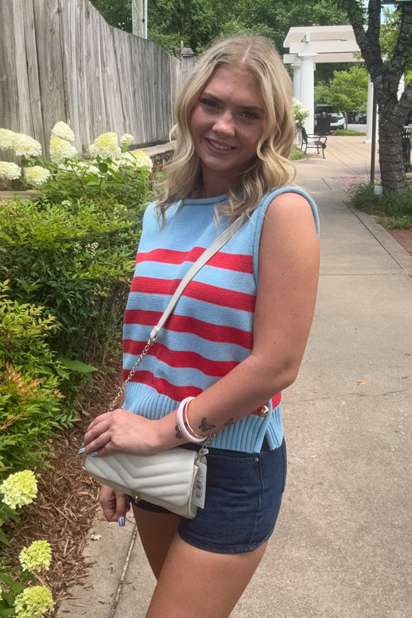 Stripe Me Happy Sleeveless Sweater Top-Blue