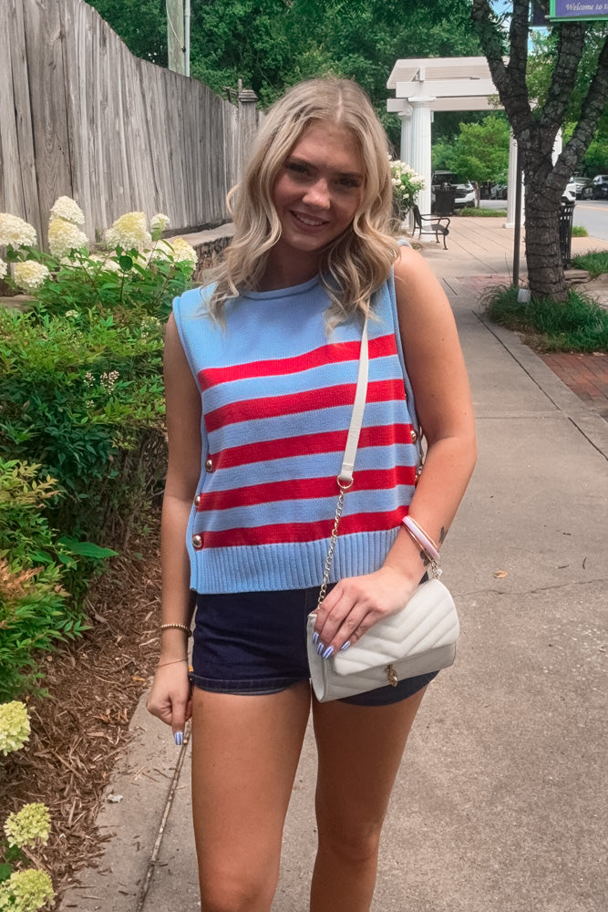 Stripe Me Happy Sleeveless Sweater Top-Blue