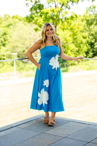 Strut and Bolt Blue Midi Dress With White Flowers