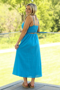 Strut and Bolt Blue Midi Dress With White Flowers back