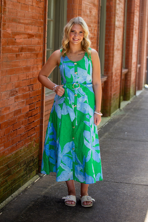 Botanical Times Sleeveless Midi Dress-Blue/Green