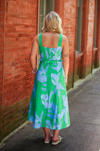 Botanical Times Sleeveless Midi Dress-Blue/Green