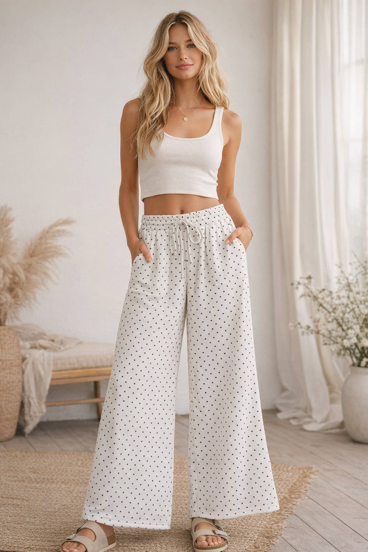 Relaxed Polka Dot Wide Leg Pants-Red/White
