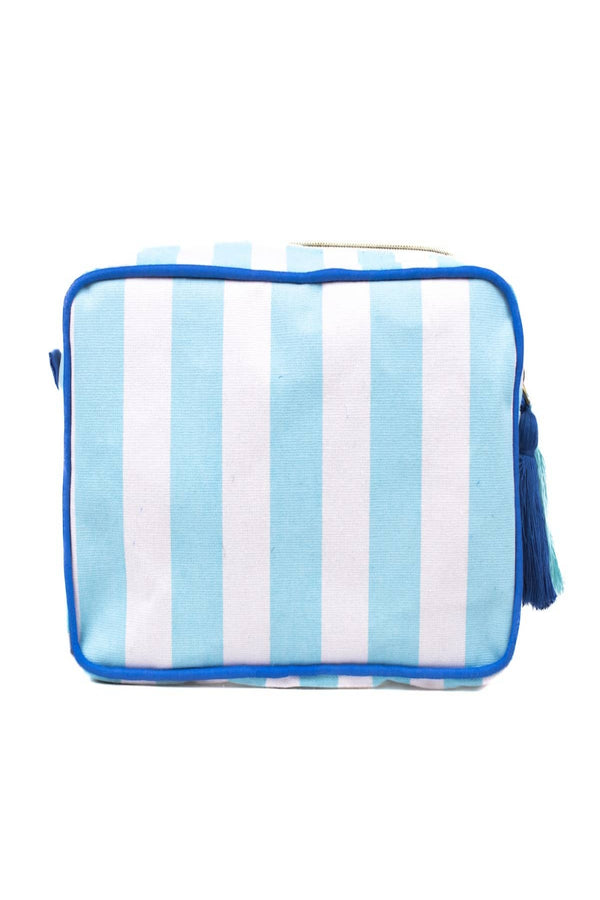 Rectangular pouch with blue and white striped pattern on a white background