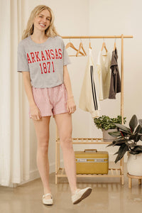 LivyLu - Arkansas Razorbacks College Block Puff Ink Cropped Tee-Grey