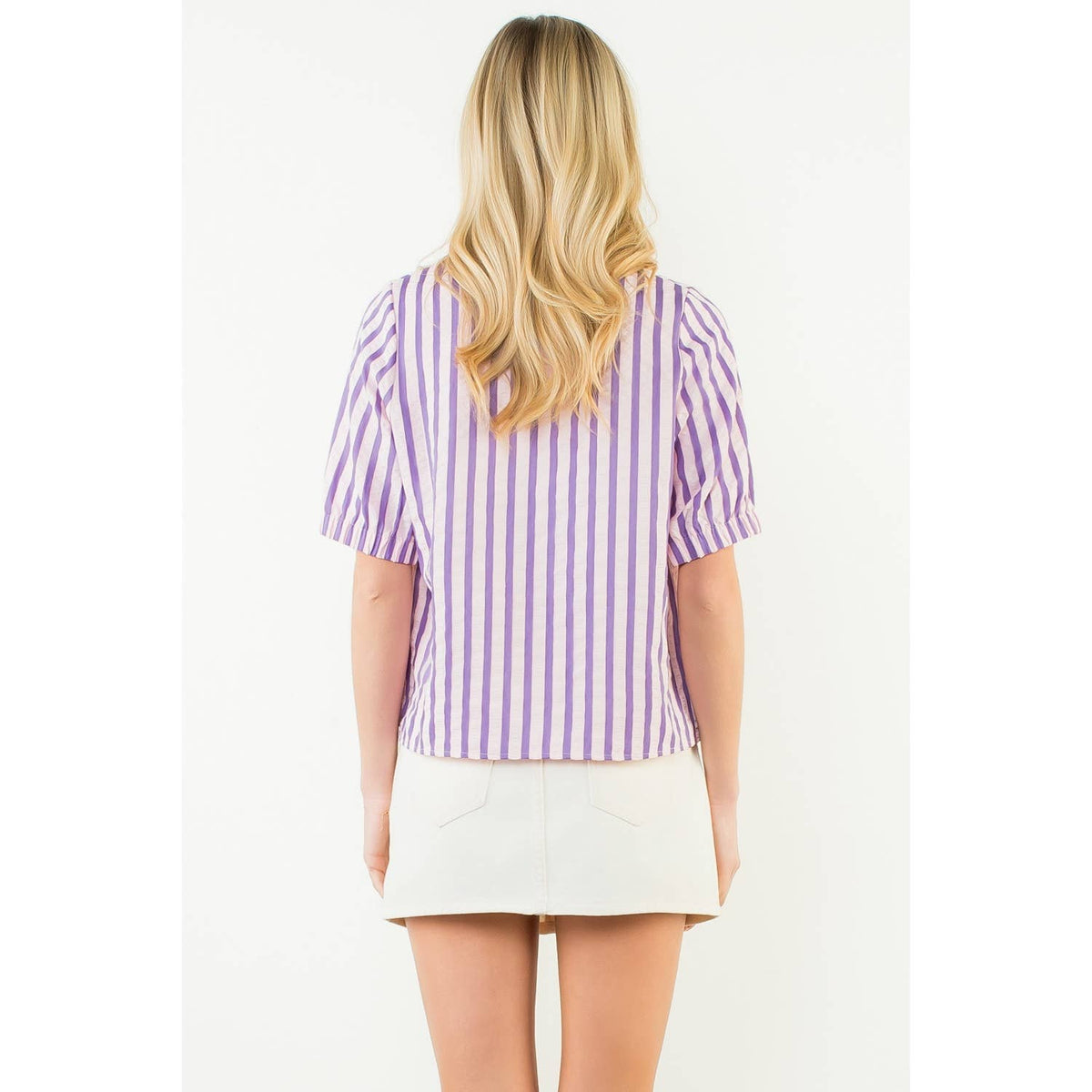 THML - Short Sleeve Striped Button Down Top-Purple
