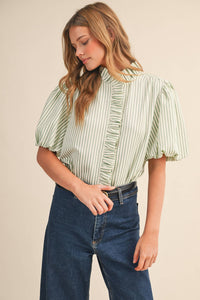 Striped Ruffled Button Down Top-Seafoam