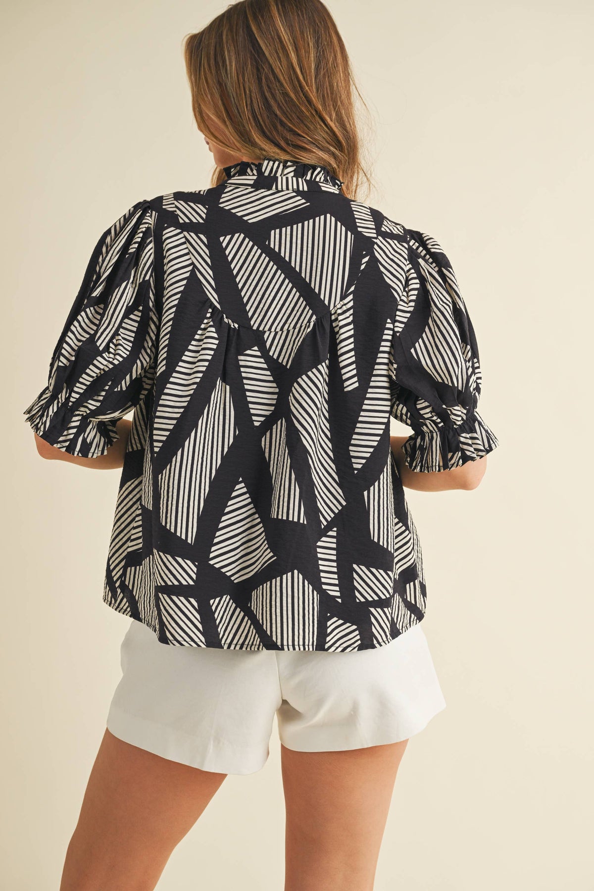 SALE-Geometric Stripes Print Puff Sleeve Blouse-Black