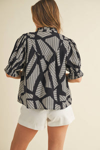 SALE-Geometric Stripes Print Puff Sleeve Blouse-Black