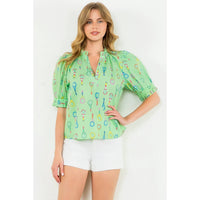 THML - Tennis Racket Print V-Neck Top-Lime