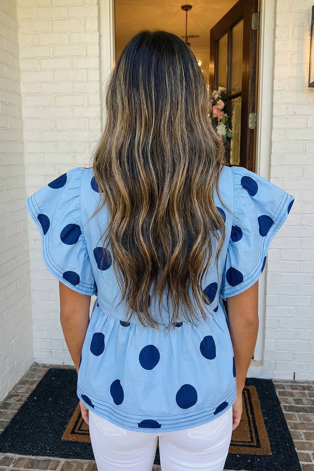 Polka Dot Print Ruffled Buttoned Collared Blouse-Sky Blue