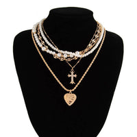 Cross Heart Charm Multilayer Pearl Necklace - Gold