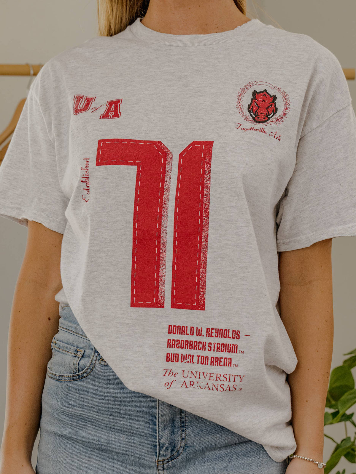 LivyLu - Arkansas Razorbacks Crest Stamp Ash Gray Thrifted Tee