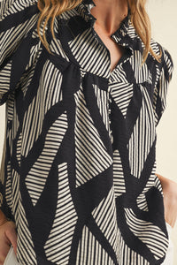SALE-Geometric Stripes Print Puff Sleeve Blouse-Black