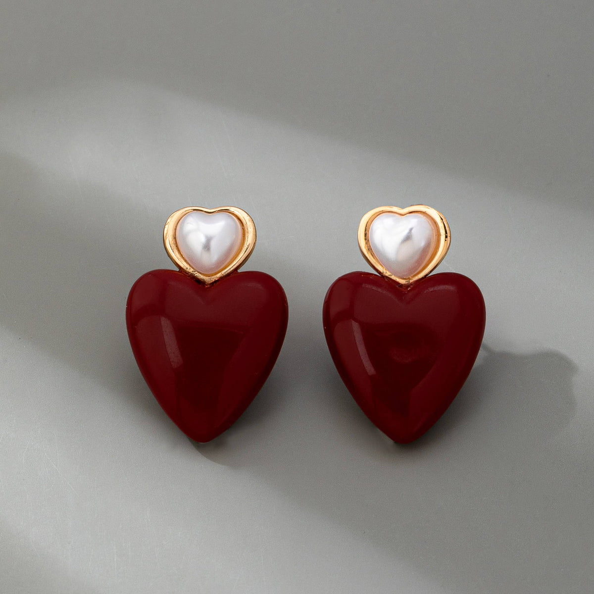 Double Heart Pearl Red Heart Drop Earrings - Gold