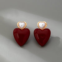 Double Heart Pearl Red Heart Drop Earrings - Gold