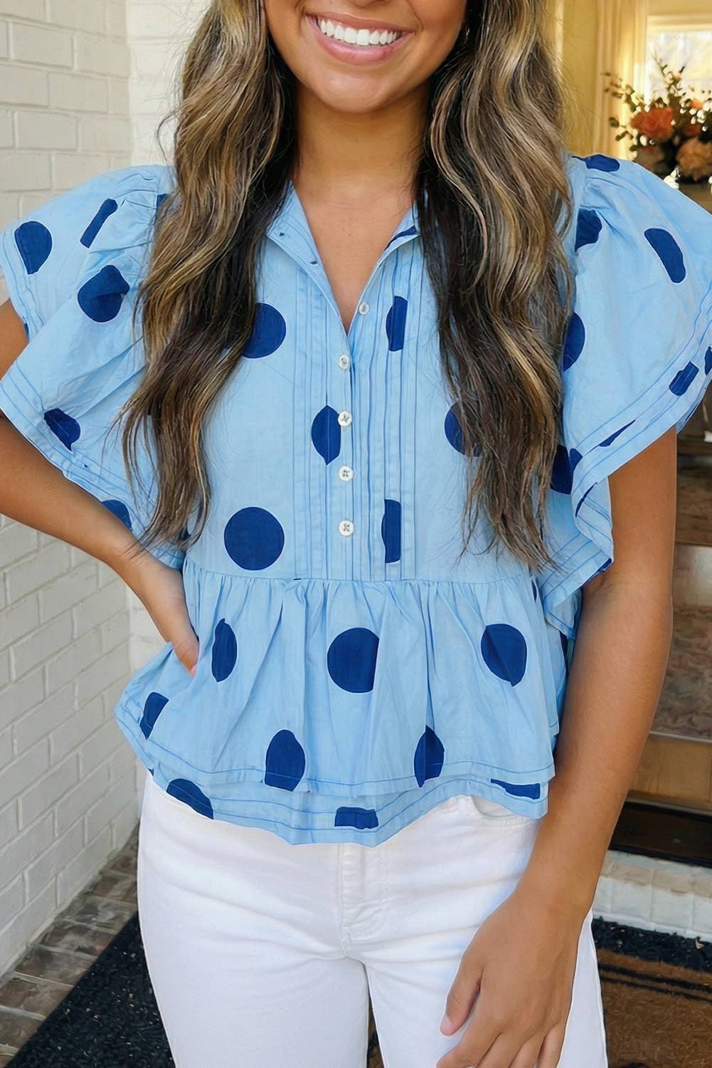 Polka Dot Print Ruffled Buttoned Collared Blouse-Sky Blue