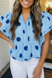Polka Dot Print Ruffled Buttoned Collared Blouse-Sky Blue