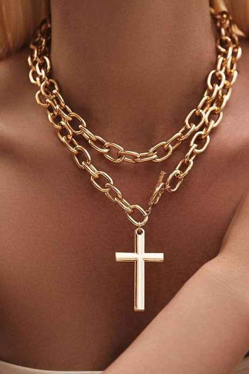 Puffy Cross Chunky Statement Necklace-Gold