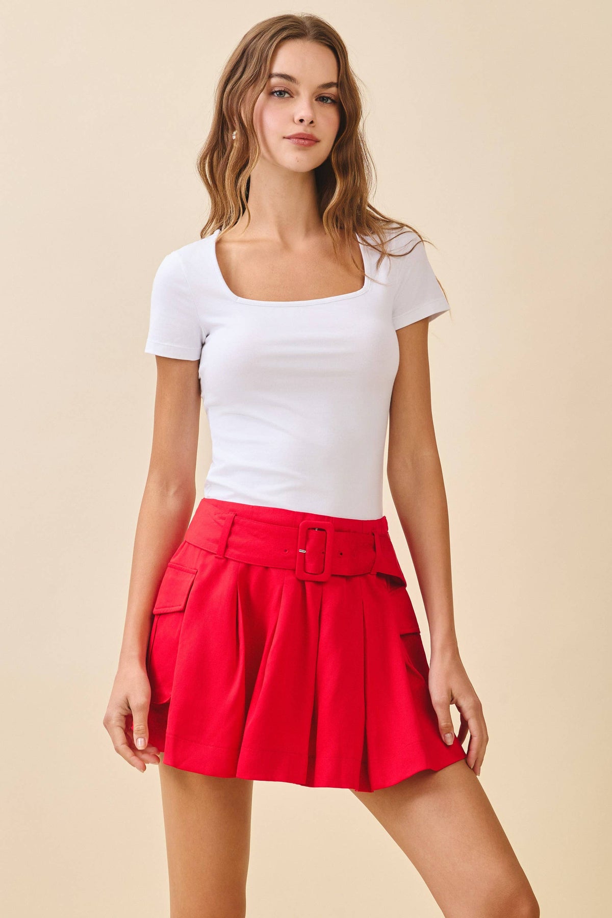 SALE-Wide Belt Pleated Detail Cargo Pockets Skirt-Red