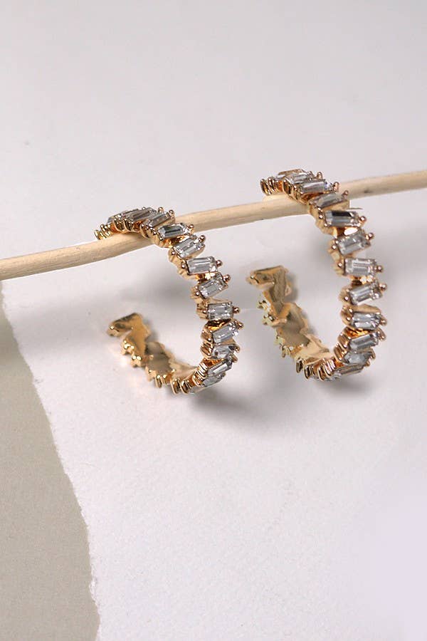 Baguette Rhinestone Hoop Earrings-Gold