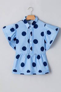 Polka Dot Print Ruffled Buttoned Collared Blouse-Sky Blue