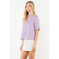 THML - Short Sleeve Striped Button Down Top-Purple