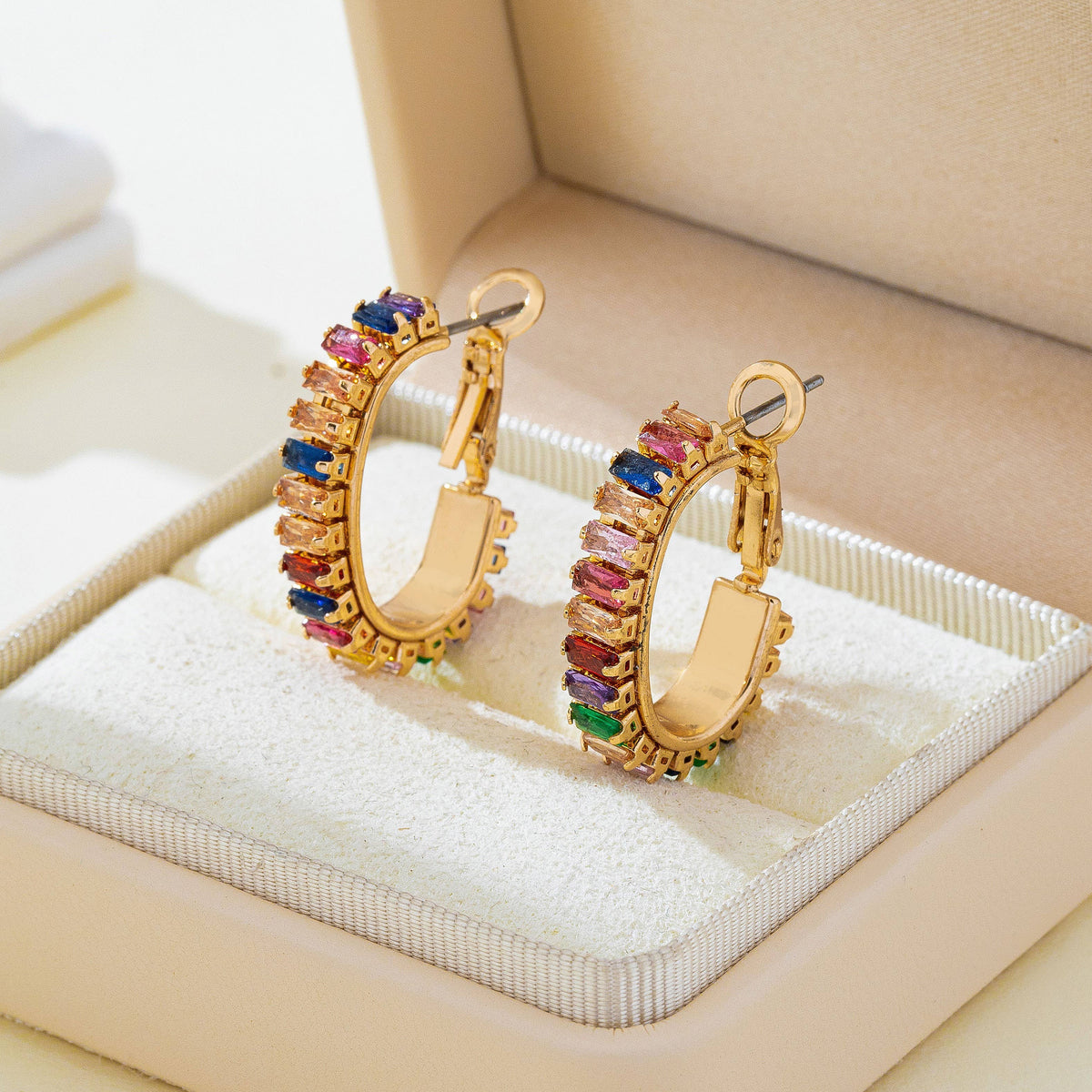 Multicolor Baguette Crystal Hoop Earrings-Gold