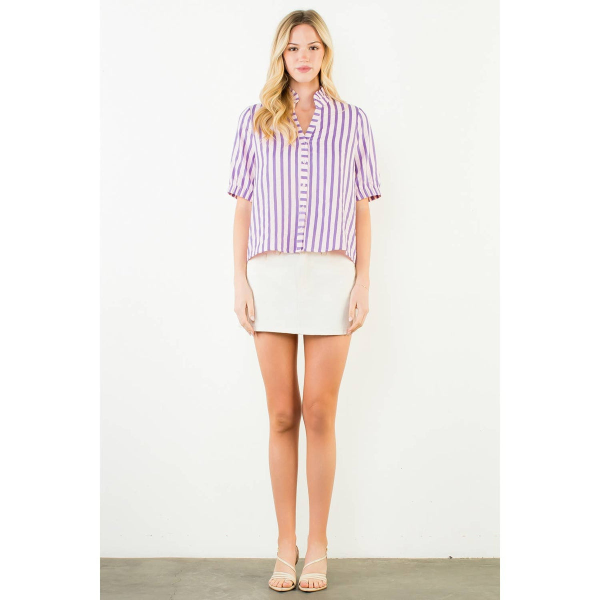 THML - Short Sleeve Striped Button Down Top-Purple