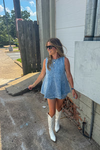 Denim Trapeze Sleevless Shorts Set-Light Denim