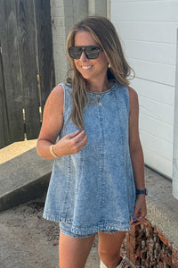 Denim Trapeze Sleevless Shorts Set-Light Denim
