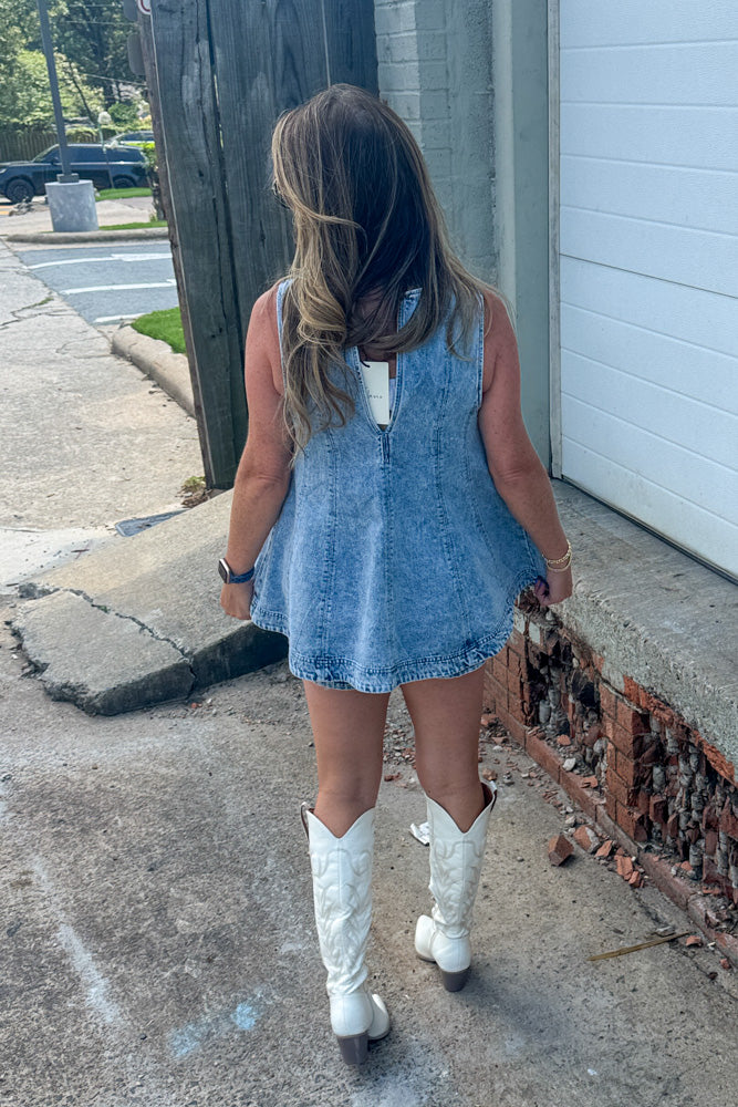 Denim Trapeze Sleevless Shorts Set-Light Denim
