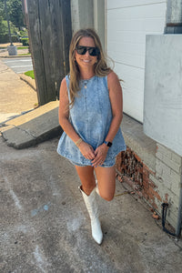 Denim Trapeze Sleevless Shorts Set-Light Denim